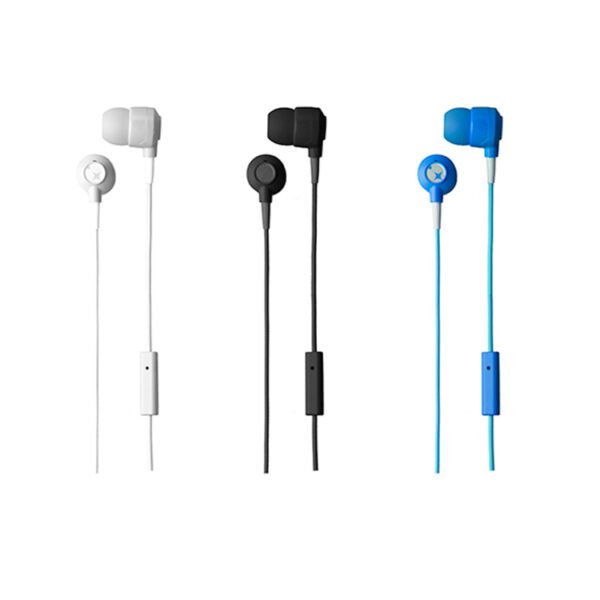 color earphone with 3.5mm connector, microphone and volume control panel