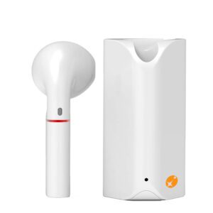headset with a earbud and charging case in white color