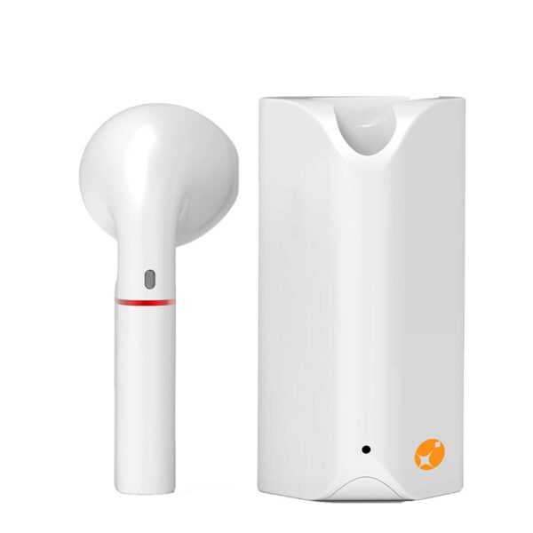 headset with a earbud and charging case in white color