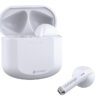 headset with two earbuds and charging case in white color