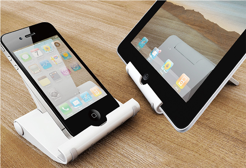 an image of a plastic stand from multiple preview angles, demonstrating its compatibility with iPad devices and its versatile design for various viewing positions