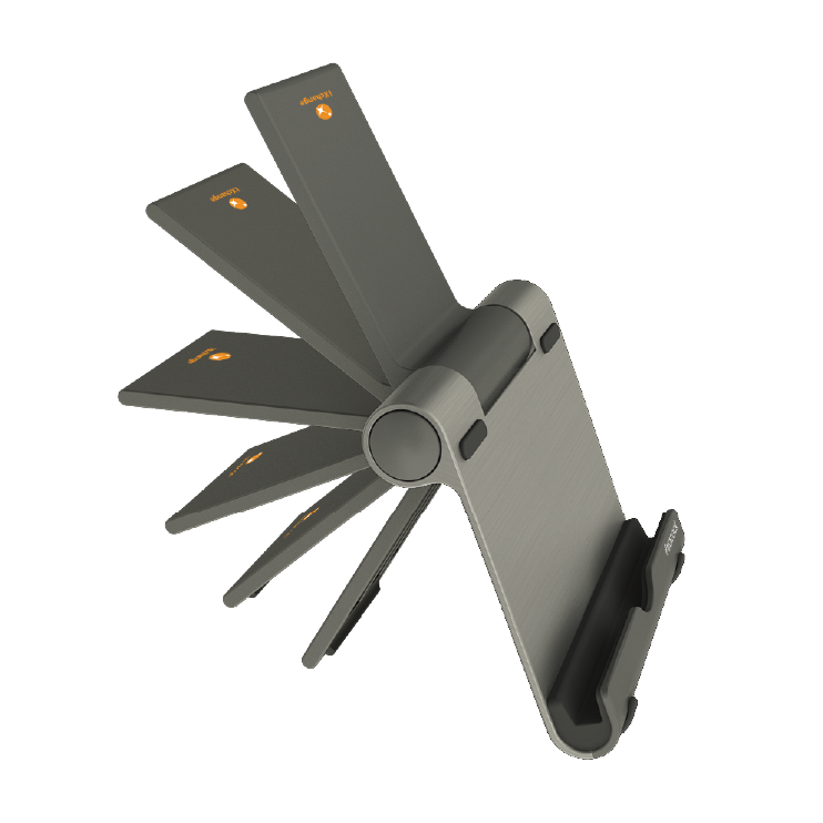 Image showcasing an alloy stand from various angles, highlighting its adjustable design and durable material