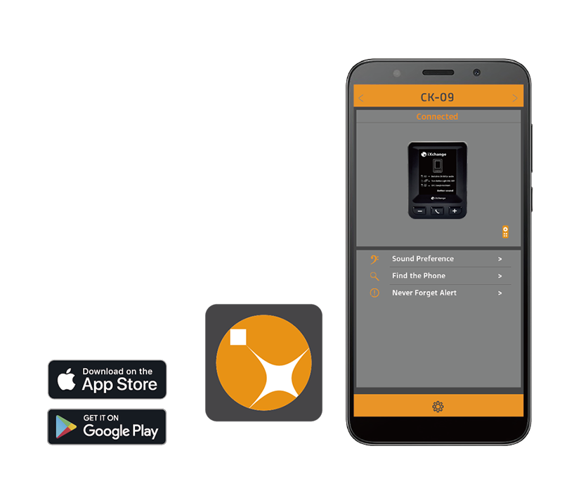 Image highlighting the features of the iXchange Up app integrated with an LCD car kit, showcasing its functionality and iOS and Google Play icons to emphasize cross-platform compatibility and user convenience