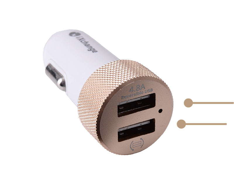 Image showcasing a dual USB car charger with a total output of 4.8A, emphasizing its high-efficiency charging capability for multiple devices