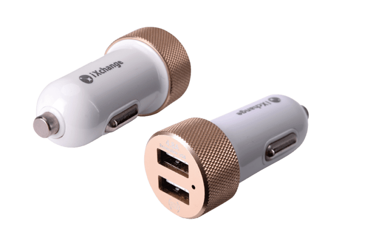 Image of a dual USB car charger, showcasing its compact design and ability to charge two devices simultaneously for on-the-go convenience