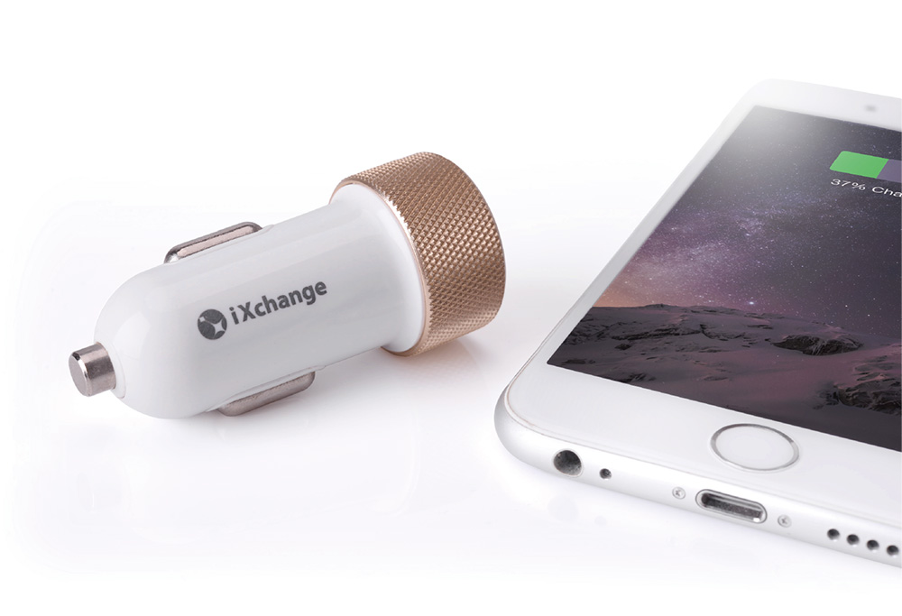 Image of a dual USB car charger, showcasing its compact design and ability to charge two devices simultaneously for on-the-go convenience
