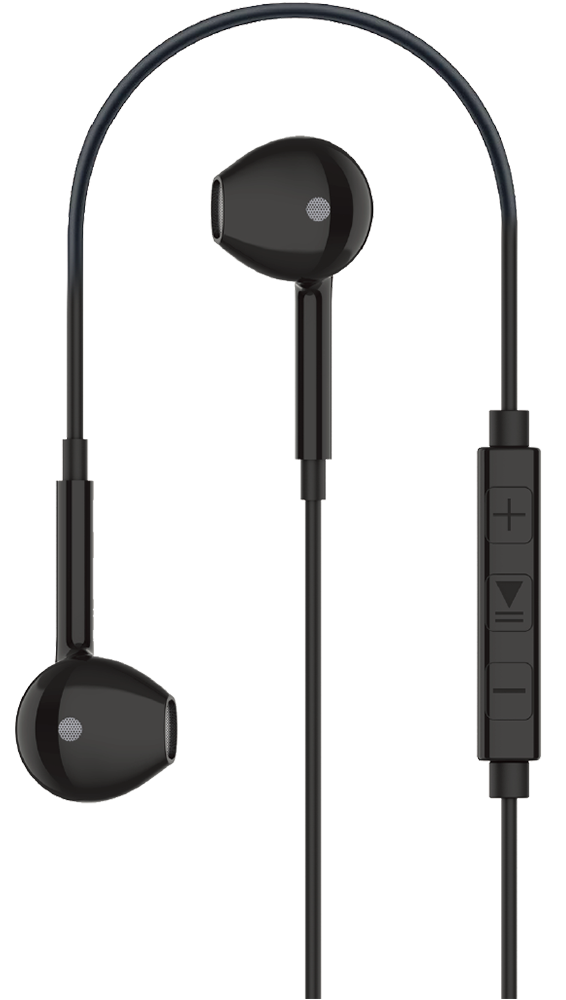 a image of a modern in-ear stereo earphone with an integrated microphone and compact control panel for volume and playback controls