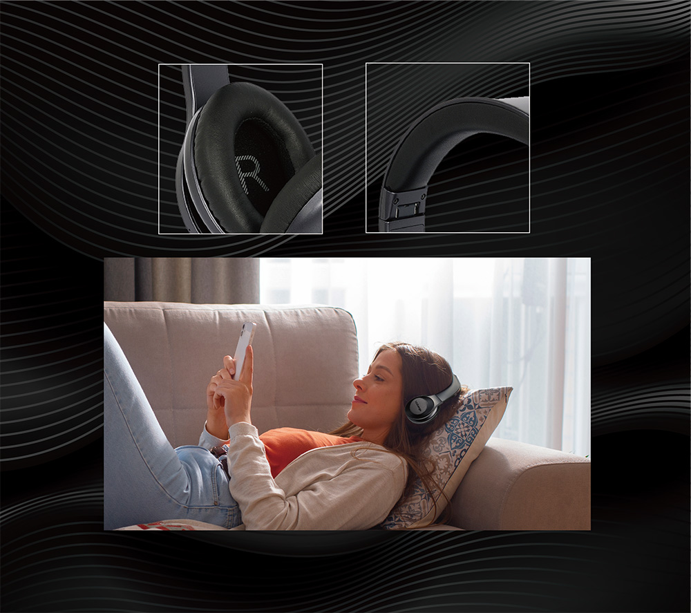 an image of a foldable hybrid anc headphone with soft fit leather cushion, highlighting its compact design