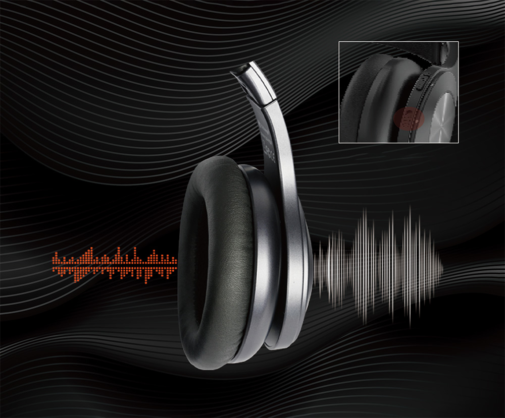 an image of a foldable hybrid anc headphone with anc on/off button, highlighting its function and compact design