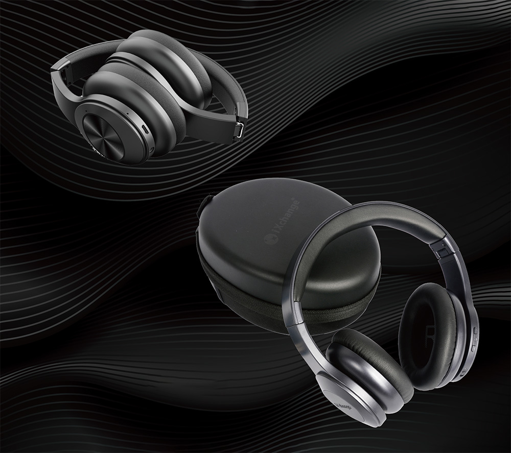 an image of a foldable hybrid anc headphone, with a eva storage box